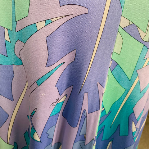 EMILIO PUCCI Size 8 Blue Green Silk Leaves V-Neck Midi Dress