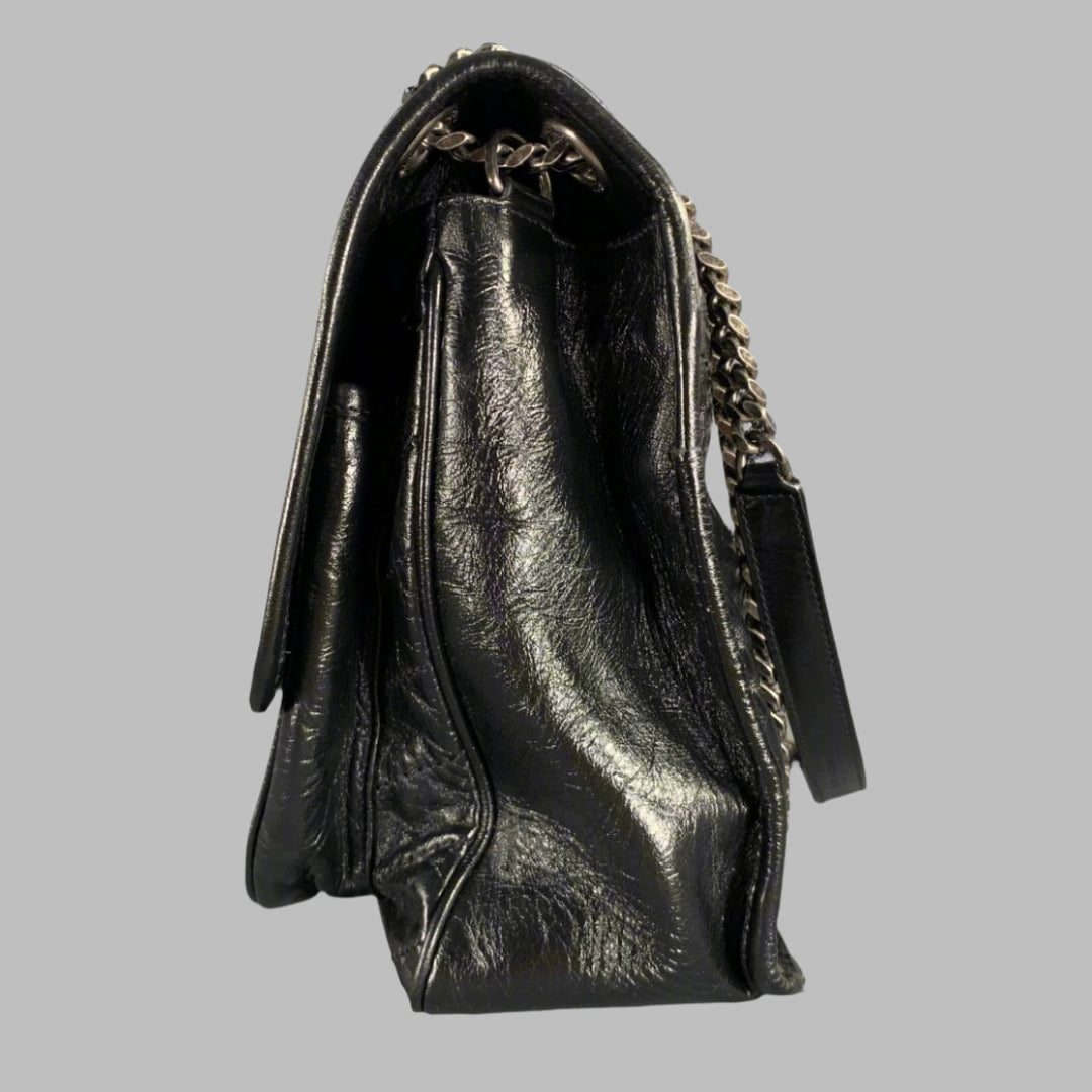 SAINT LAURENT Black Silver Chevron Leather Shoulder Bag Handbag