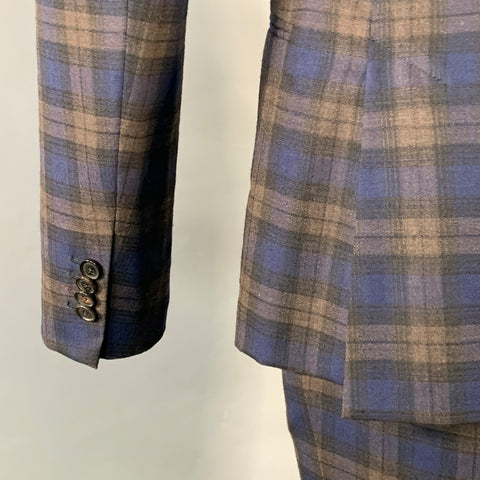 Costume croisé en laine à revers crantés PAUL SMITH, taille 38, motif écossais bleu marine et marron