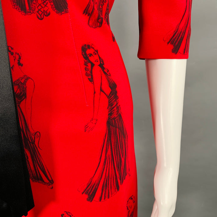 MOSCHINO Size 6 Red Black Viscose Blend Figures Bow Cocktail Dress