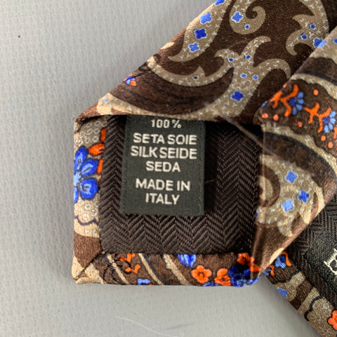 ERMENEGILDO ZEGNA Brown Orange Floral Paisley Silk Satin Tie