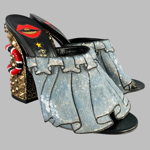 GUCCI Size 8 Trompe L'oeil Blue Red Gold Beaded Mules Sandals