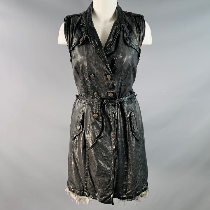 GIORGIO BRATO Size 6 Black Leather Double Breasted Belted Longline Vest