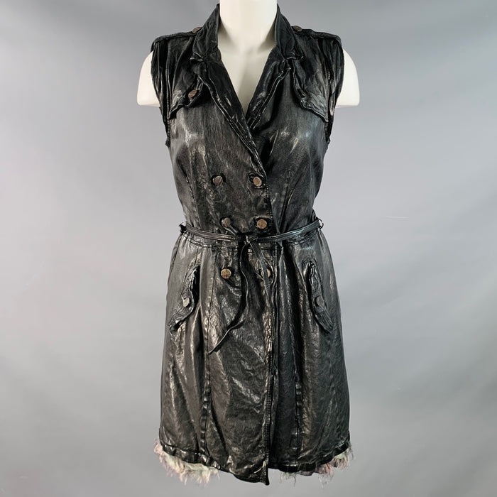 GIORGIO BRATO Size 6 Black Leather Double Breasted Belted Longline Vest
