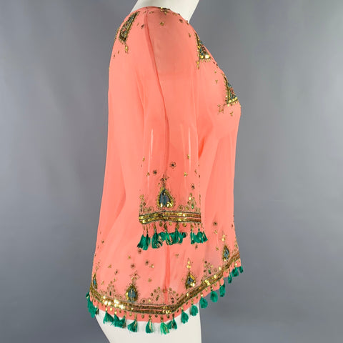 MATTHEW WILLIAMSON Size 6 Orange Green Silk Embroidered 3/4 Sleeves Casual Top