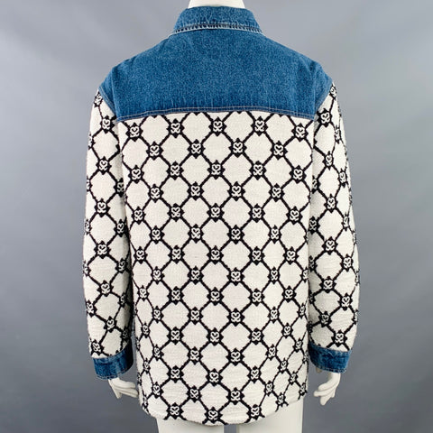 SANDRO Size L Blue Black White Hearts Cotton Blend Denim Jacket