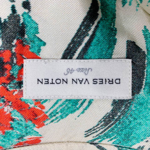 DRIES VAN NOTEN Size XS Cream Green Red Sequined Floral Viscose Camp Short Sleeve Shirt