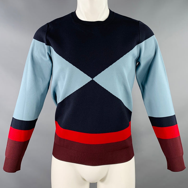 VALENTINO Size M Navy Blue Red Color Block Viscose Blend Crew Neck Pullover