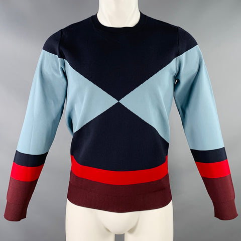 VALENTINO Size M Navy Blue Red Color Block Viscose Blend Crew Neck Pullover