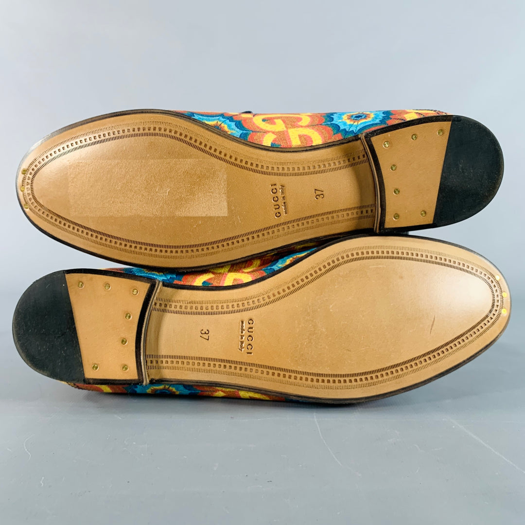 GUCCI Size 7 Orange Blue Coated Canvas Leather GG Print Horsebit Loafers Flats