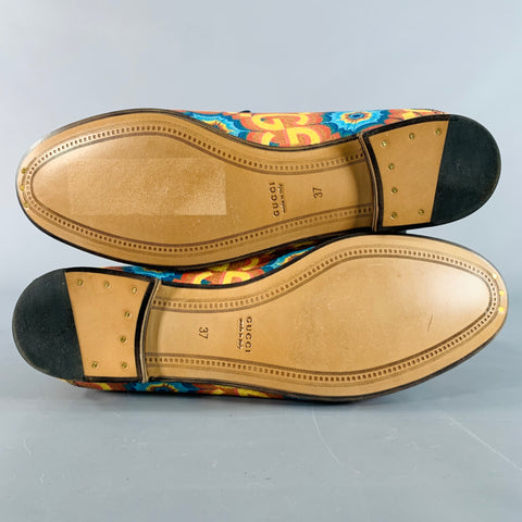 GUCCI Size 7 Orange Blue Coated Canvas Leather GG Print Horsebit Loafers Flats