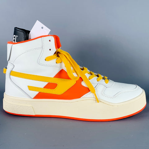 DIESEL Size 10.5 S Ukiyo Mid White Orange Yellow Color Block Leather High Top Sneakers