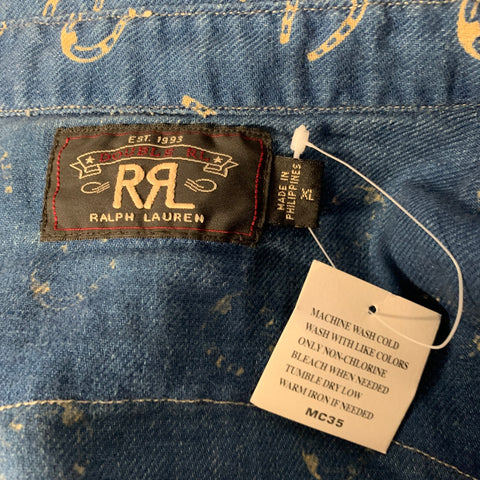 RRL by RALPH LAUREN Size XL Blue Cream Horseshoe Print Cotton Linen Overshirt