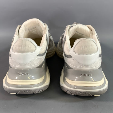 GUCCI Size 11.5 White Grey Leather Lace Up Sneakers