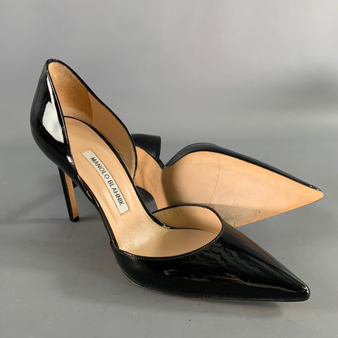 MANOLO BLAHNIK Size 9.5 Black Patent Leather Two Tone Pointed Toe Pumps