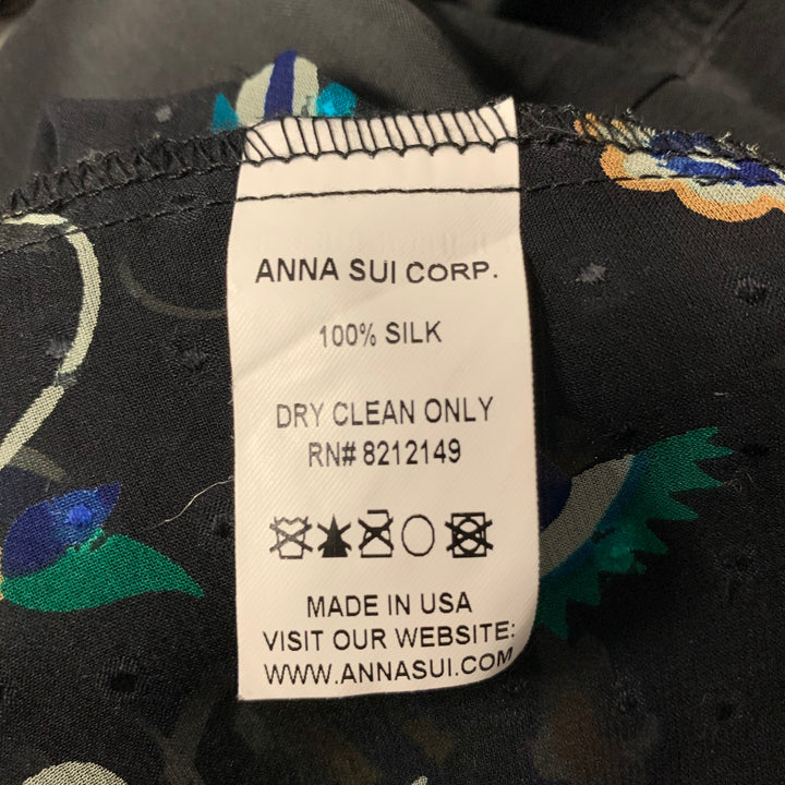 ANNA SUI Size 4 Black Blue Silk Floral Midi Knee-Length Dress
