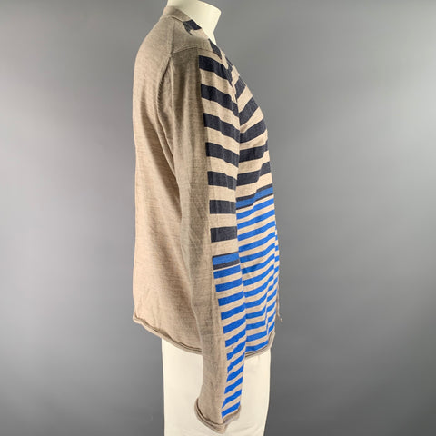 COMME des GARCONS SHIRT Size XL Cream Blue Stripe Wool Buttoned Cardigan
