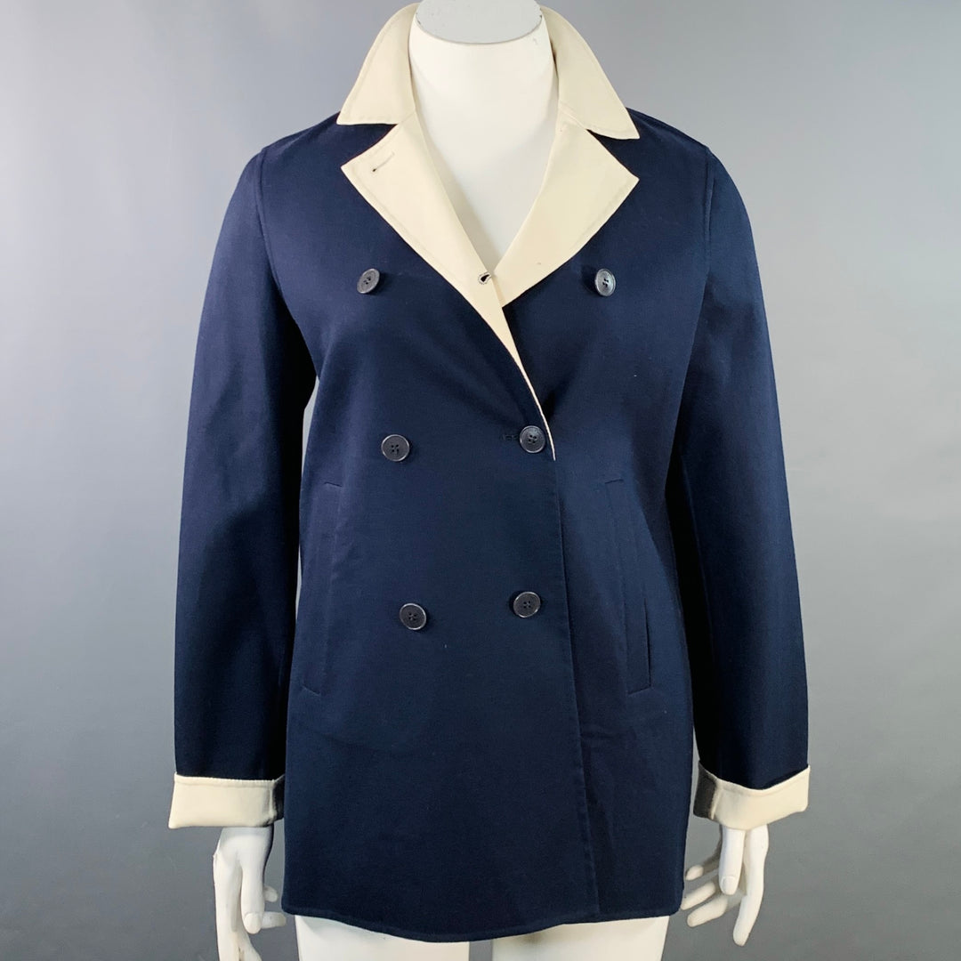 LORO PIANA Size 12 Caleb Navy White Cotton Blend Twill Double Breasted Jacket Blazer