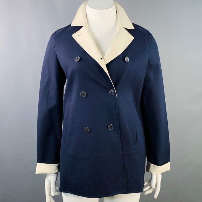 LORO PIANA Size 12 Caleb Navy White Cotton Blend Twill Double Breasted Jacket Blazer