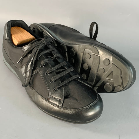 PRADA Size 12 Black Nylon Leather Low Top Lace-Up Sneakers