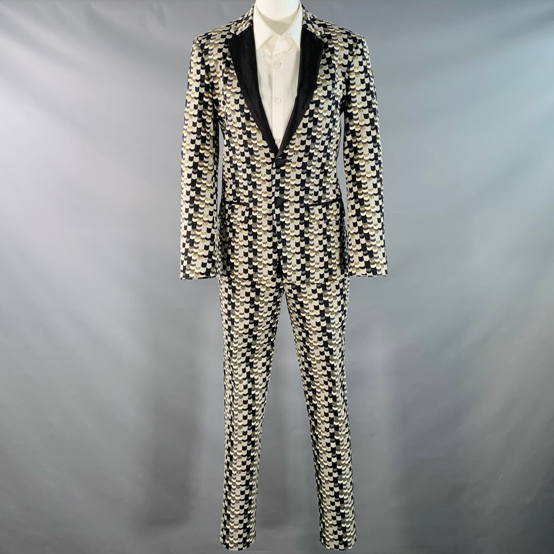 MR TURK Size 36 Regular Grey Black Gold Scales Jacquard Cotton Blend Suit
