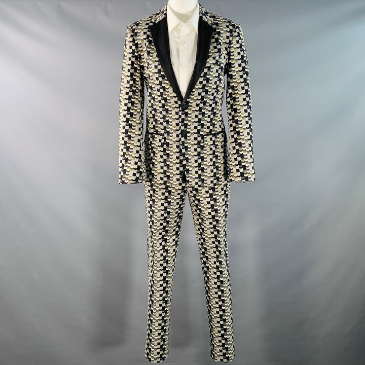 MR TURK Size 36 Regular Grey Black Gold Scales Jacquard Cotton Blend Suit