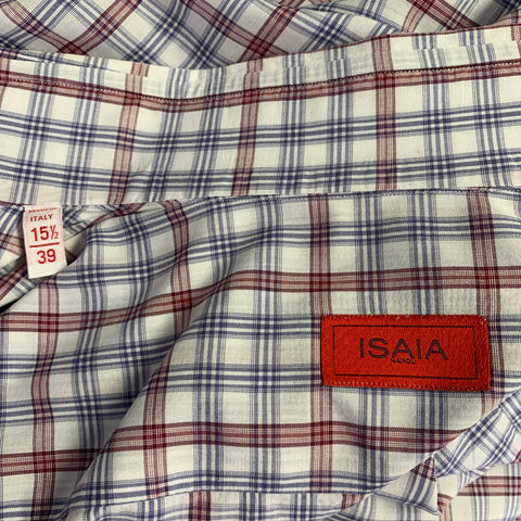 ISAIA Size M Burgundy White Blue Plaid Cotton Spread Collar Long Sleeve Shirt