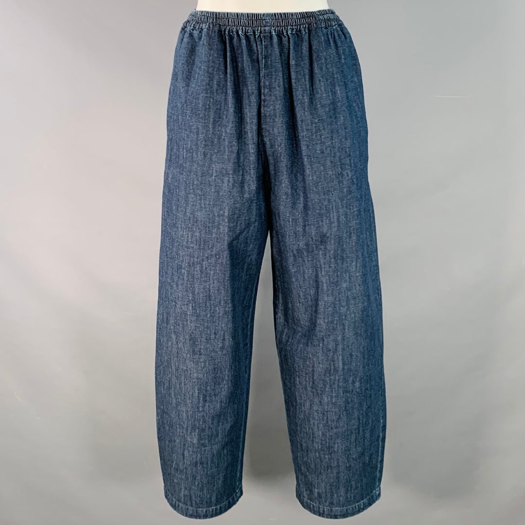 ESKANDAR Size S/M Navy Indigo Cotton High Waisted Tapered Elastic Waistband Casual Pants