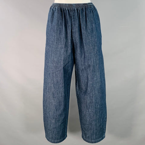 ESKANDAR Size S/M Navy Indigo Cotton High Waisted Tapered Elastic Waistband Casual Pants