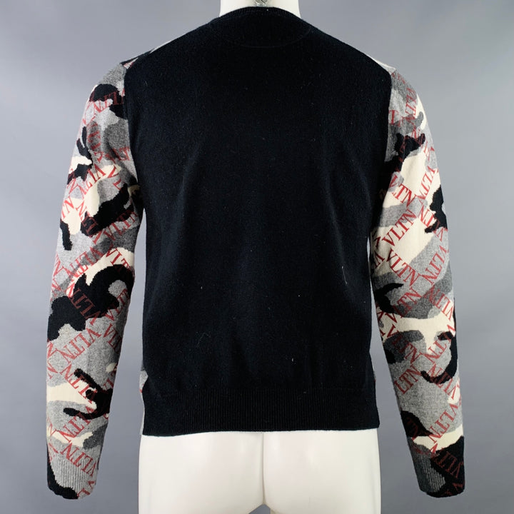 VALENTINO Size S Grey Black White Knit Camouflage Logo Cashmere Crew Neck Pullover
