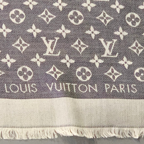 LOUIS VUITTON Blue Grey Monogram Silk Wool Square Fringe Scarf Shawl