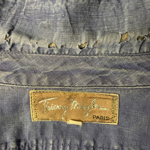 THIERRY MUGLER Size 40 Blue Distressed Linen Cropped Jacket
