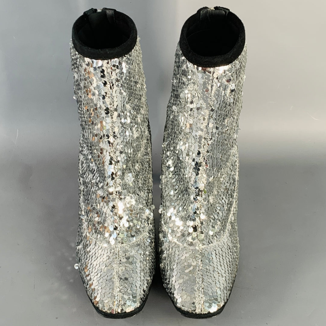 GIUSEPPE ZANOTTI Size 7.5 Silver Black Sequined Back Zip Booties