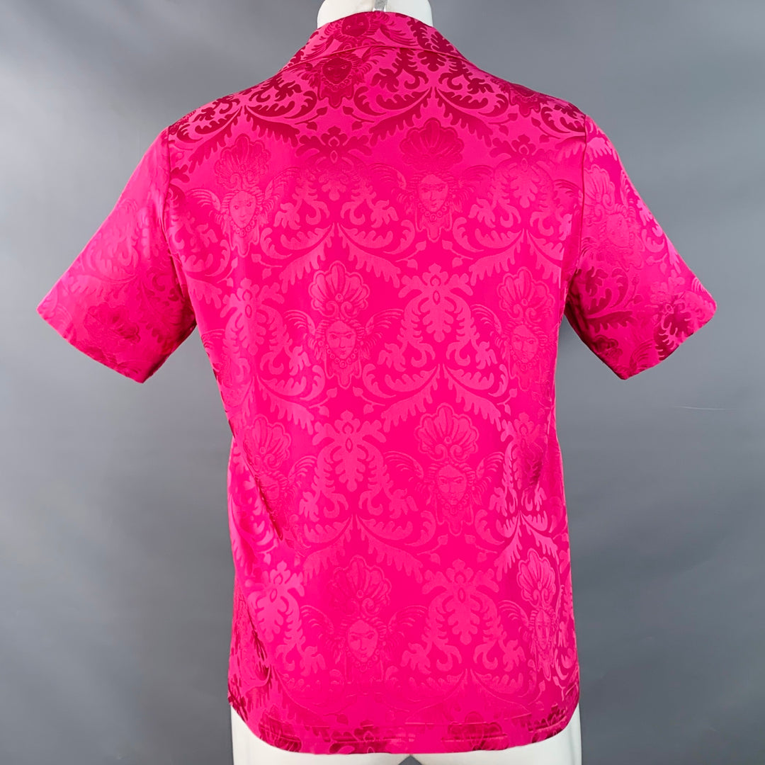 VERSACE Size S Pink Fuchsia Damask Silk Camp Short Sleeve Shirt