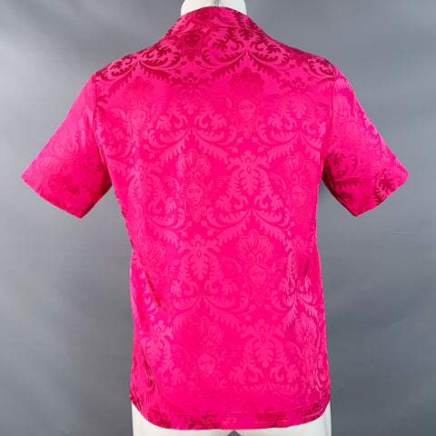 VERSACE Size S Pink Fuchsia Damask Silk Camp Short Sleeve Shirt