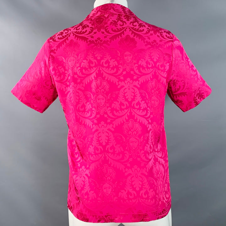VERSACE Size S Pink Fuchsia Damask Silk Camp Short Sleeve Shirt