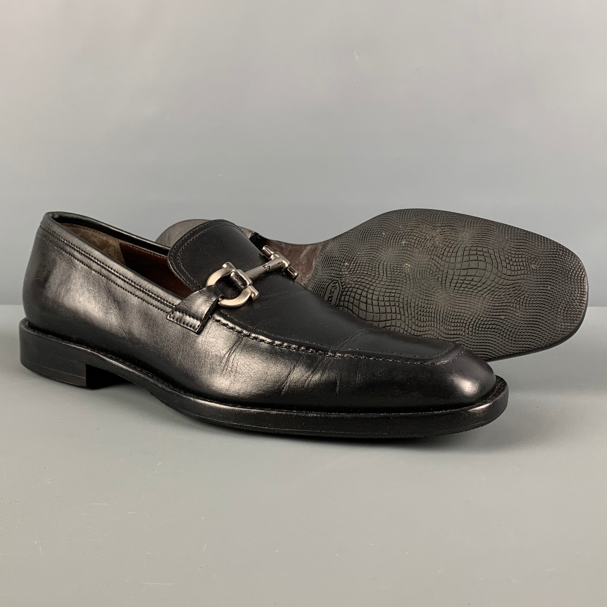 SALVATORE FERRAGAMO Size 7.5 Black Silver Leather Horsebit Loafers