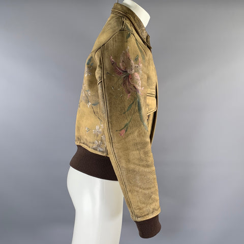 GUCCI par Tom Ford 2003  Taille 36 Beige Olive  Veste en cuir zipée peinte à la main multicolore