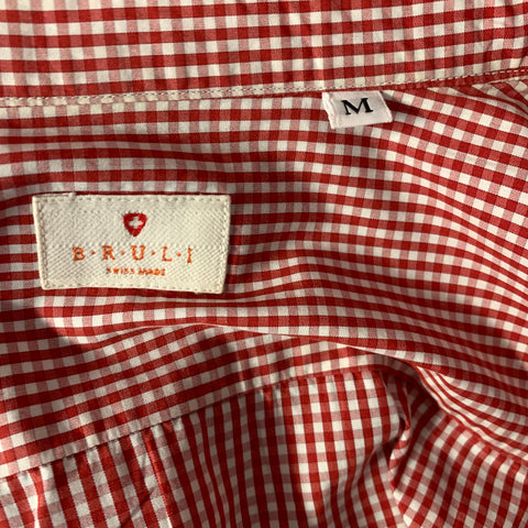 BRULI Size M Red White Gingham Cotton Pointed Collar Long Sleeve Shirt