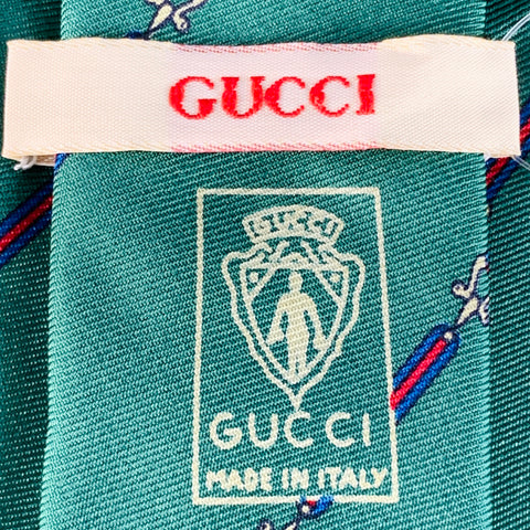 Cravate en soie rayée en diagonale à mors de cheval rouge vert vintage GUCCI