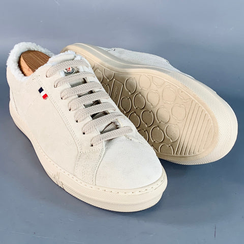 MONCLER Size 9 Beige Stone Suede Low Top Shearling Lined Lace-Up Sneakers