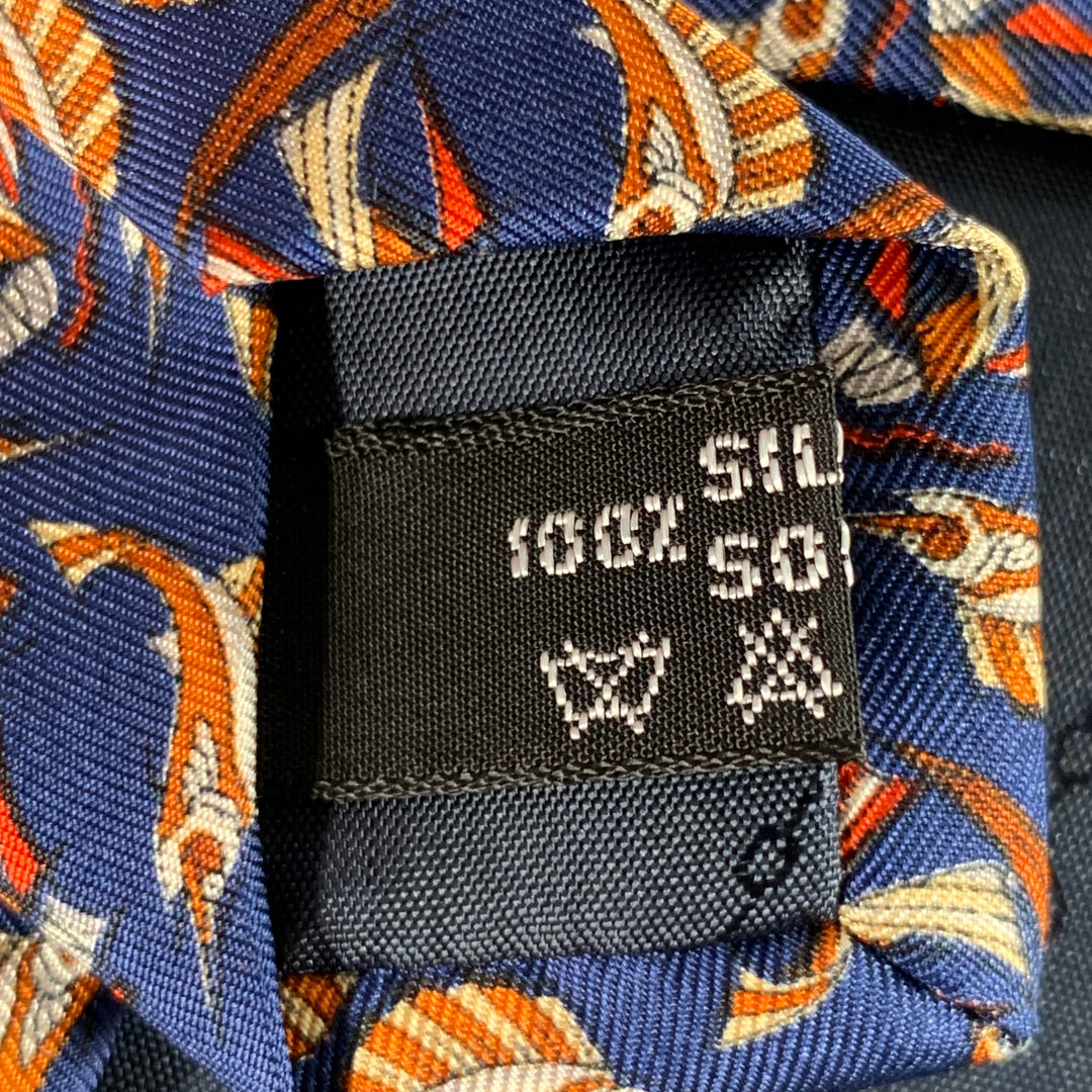 SALVATORE FERRAGAMO Navy Orange Swordfish Nautical Silk Tie