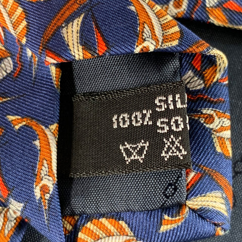 SALVATORE FERRAGAMO Navy Orange Swordfish Nautical Silk Tie