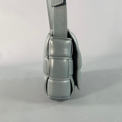 BOTTEGA VENETA Mini Padded Cassette Grey Woven Lambskin Leather Crossbody Handbag