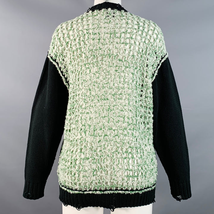 NSF Size XS Black Green White Cotton Blend Distressed Mesh Back Crew Neck Sweater