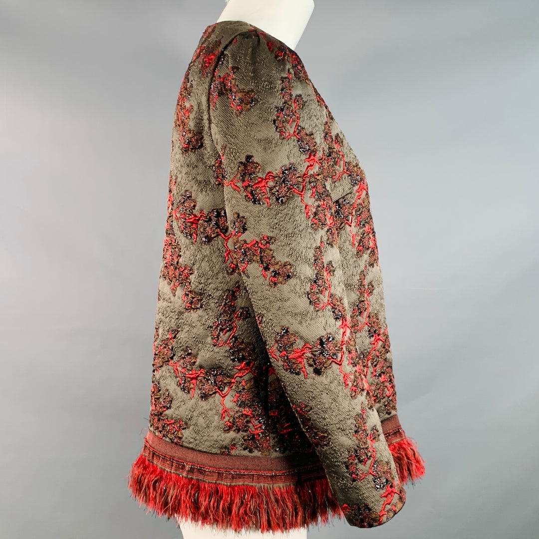 DRIES VAN NOTEN Size M Brown Red Jacquard Brocade Fringed Dress Top