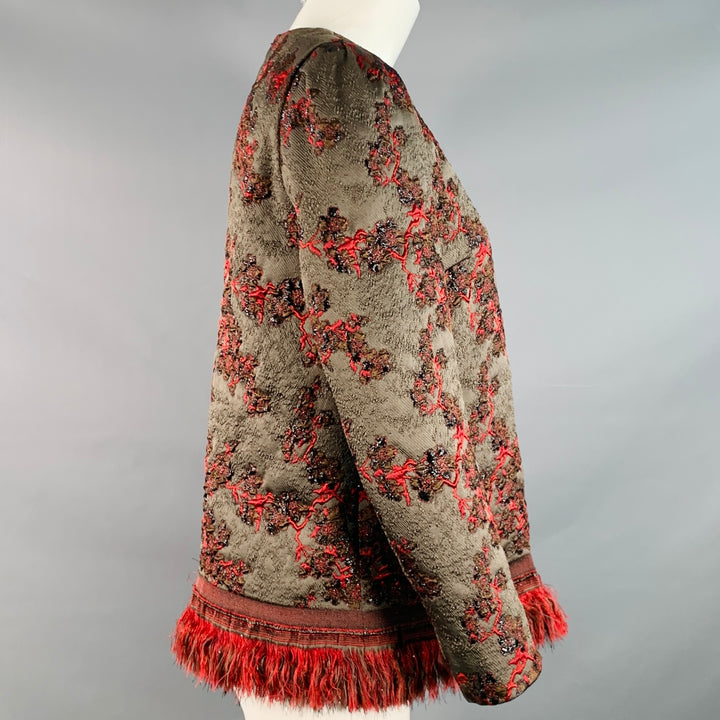 DRIES VAN NOTEN Size M Brown Red Jacquard Brocade Fringed Dress Top