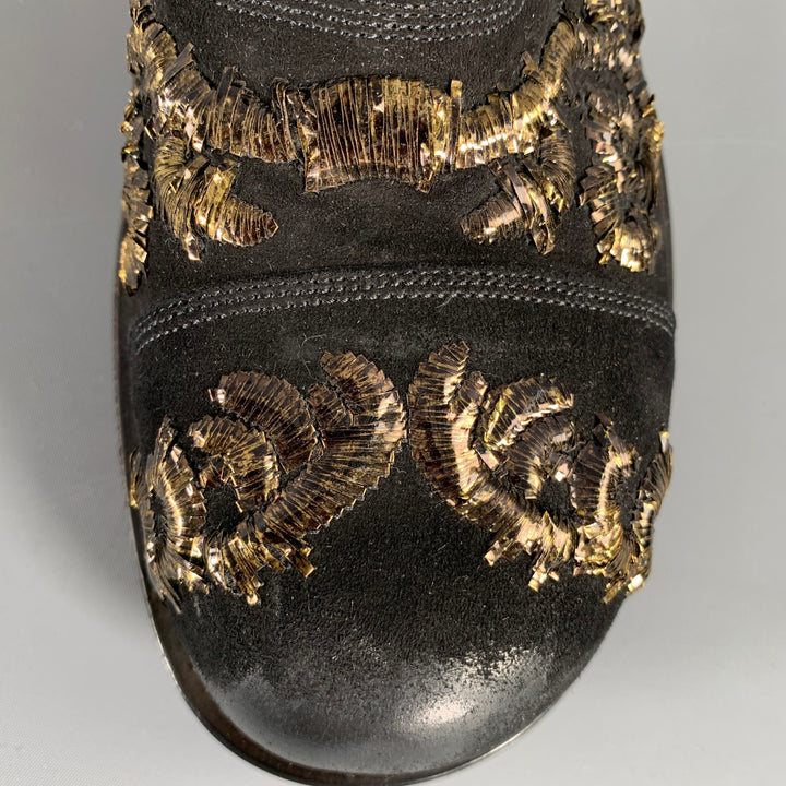DOLCE & GABBANA Size 8.5 Black Gold Embroidery Leather Side Buttons Boots