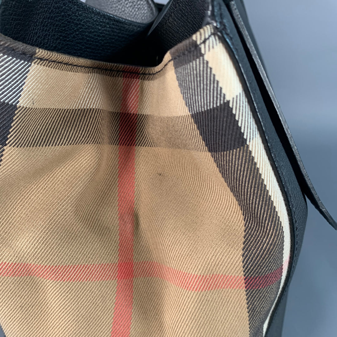 BURBERRY Small Canter Black Beige Plaid Pebble Grain Leather Canvas Handbag