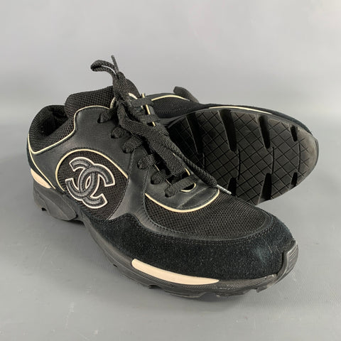CHANEL Size 9 Black White M G26582 39 Monogram Trainer Sneakers